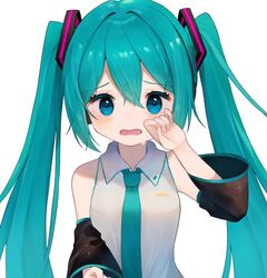  1girl blue_eyes blue_hair blush collared_shirt commentary_request crying detached_sleeves hair_ornament hatsune_miku long_hair long_sleeves looking_at_viewer necktie rubbing_eyes shirt sleeveless sleeveless_shirt solo suiren_nei tears twintails upper_body very_long_hair vocaloid wavy_mouth white_background 