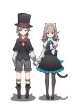 1boy 1girl absurdres aged_down alternate_costume alternate_hairstyle animal_ear_fluff animal_ears black_capelet black_footwear black_pantyhose black_shorts blue_bow blue_bowtie blunt_bangs boots bow bowtie capelet cat_ears cat_girl cat_tail child commentary_request dress full_body genshin_impact grey_hair hand_on_own_chest hat highres holding_hands knee_boots long_hair long_sleeves looking_at_viewer lynette_(genshin_impact) lyney_(genshin_impact) pantyhose parted_bangs pinafore_dress qixia red_bow red_bowtie shadow shoes shorts siblings sidelocks simple_background sleeveless sleeveless_dress standing tail top_hat twins violet_eyes white_background 
