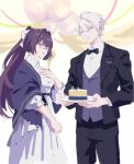  00quanta 1boy 1girl absurdres black_suit blue_eyes blurry blurry_background bow bowtie cake cake_slice collared_shirt couple dress food glasses hair_between_eyes hand_on_own_chest highres holding holding_plate honkai_(series) honkai_impact_3rd kevin_kaslana looking_at_another mei_(honkai_impact) plate ponytail purple_hair shirt standing suit violet_eyes white_bow white_dress white_hair 