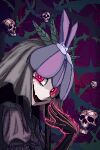  1girl black_gloves evil_smile flower flower_on_head gloves glowing glowing_eyes goshatkach highres horror_(theme) long_hair orchid pink_eyes pixel_art plant puffy_short_sleeves puffy_sleeves purple_headwear short_sleeves skull smile solo touhou unfinished_dream_of_all_living_ghost veil vines yomotsu_hisami 