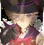  1boy bishounen bow bowtie card eyes_visible_through_hair flower frnlaefeat genshin_impact grey_hair hair_over_one_eye hat highres lyney_(genshin_impact) male_focus playing_card red_bow red_bowtie solo teardrop_tattoo top_hat violet_eyes 