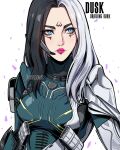  armor artist_name black_hair blue_eyes call_of_duty call_of_duty:_mobile character_name drawing dusk_(call_of_duty:_mobile) facial_mark highres multicolored_hair oyenpaws sketch tagme two-tone_hair white_background white_hair 