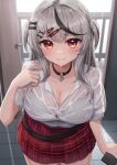 1girl cleavage grey_hair highlights hololive looking_at_viewer open_mouth red_eyes sakamata_chloe solo typho