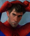  1boy absurdres black_hair blue_bodysuit bodysuit brown_eyes closed_mouth facial_hair highres looking_at_viewer male_focus marvel mask mask_lift peter_b_parker red_bodysuit short_hair shuploc solo spider-man:_across_the_spider-verse spider-man_(series) spider-verse spider_web_print superhero twitter_username two-tone_bodysuit 