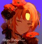  1boy 2022 anemone_(flower) black_flower blue_background closed_mouth commentary ensemble_stars! expressionless flower green_eyes hana_no_otage happy_birthday highres holding holding_flower looking_at_viewer low_side_ponytail male_focus medium_hair multicolored_background orange_hair purple_background red_flower solo tsukinaga_leo 