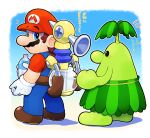  2boys back blue_eyes blue_overalls bottle brown_footwear f.l.u.d.d. facial_hair full_body gloves hat hoshi_(star-name2000) mario multiple_boys mustache overalls pianta red_headwear super_mario_bros. super_mario_sunshine translation_request water_bottle white_gloves 