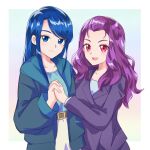  2girls amagan_ruruboshi belt blazer blue_coat blue_eyes blue_hair blue_shirt brown_belt coat commentary hair_pulled_back highres holding_hands hood hood_down hooded_coat interlocked_fingers jacket kibou_no_chikara_~otona_precure_&#039;23~ long_hair long_sleeves looking_at_viewer mimino_kurumi minazuki_karen multiple_girls open_clothes open_coat open_mouth pink_eyes precure purple_hair purple_jacket purple_skirt shirt side-by-side skirt skirt_suit smile standing suit swept_bangs white_skirt yes!_precure_5 yes!_precure_5_gogo! 