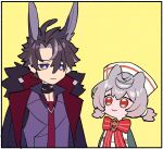  1boy 1girl animal_ears blue_eyes bow genshin_impact hat highres jacket necktie nploser purple_hair rabbit_ears red_eyes short_hair sigewinne_(genshin_impact) smile upper_body wriothesley_(genshin_impact) 