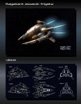  3d amarr_empire_(eve_online) assault_ship_(eve_online) commentary concept_art english_text eve_online flying frigate_(eve_online) from_side glowing highres military_vehicle multiple_views original outdoors reference_sheet science_fiction sky space spacecraft star_(sky) starry_sky tech_2_ship_(eve_online) thrusters toneloperu vehicle_focus 