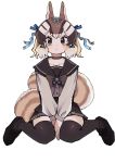  1girl absurdres animal_ears brown_eyes brown_hair chipmunk_ears chipmunk_girl chipmunk_tail choker closed_mouth dress extra_ears highres kanmoku-san kemono_friends kemono_friends_v_project looking_at_viewer ribbon sailor_collar sailor_dress shoes short_hair siberian_chipmunk_(kemono_friends) simple_background skirt socks solo tail thigh-highs virtual_youtuber white_background 