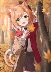  1girl :d animal_ears arknights autumn autumn_leaves black_headwear black_necktie black_skirt blush brown_coat calico cat_ears cat_girl coat collared_shirt cowboy_shot fang green_eyes hat holding holding_leaf layered_sleeves leaf long_sleeves looking_at_viewer maple_leaf medium_hair mousse_(arknights) mousse_(campfire_cooking_smoke)_(arknights) multiple_tails necktie official_alternate_costume open_clothes open_coat open_mouth orange_hair red_scarf scarf shironekoban shirt skirt smile solo tail tree two_tails white_hair white_shirt 