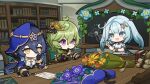  3girls :d absurdres ahoge aqua_hair bare_shoulders blue_hair blue_hood book bookshelf bouquet bracelet breasts chibi closed_mouth collei_(genshin_impact) detached_sleeves dress drill_hair drill_sidelocks faruzan_(genshin_impact) flower genshin_impact gloves green_eyes green_hair hair_between_eyes hair_ornament highres hood indoors jewelry layla_(genshin_impact) long_hair long_sleeves multiple_girls official_art open_mouth paper pencil short_sleeves sidelocks small_breasts smile standing triangle-shaped_pupils violet_eyes white_dress x_hair_ornament yellow_eyes 