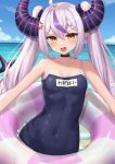 1girl grey_hair highlights hololive horns la+_darknesss long_hair looking_at_viewer solo swimsuit typho yellow_eyes