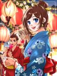  1girl 2boys :d ace_attorney antenna_hair apollo_justice asymmetrical_sidelocks black_kimono blonde_hair blue_eyes blue_kimono blurry blurry_background brown_eyes brown_hair candy_apple dark-skinned_male dark_skin drill_hair earrings eating floral_print food forked_eyebrows from_side grin hair_bun hand_up japanese_clothes jewelry kimono klavier_gavin lantern looking_at_another looking_at_viewer multiple_boys obi open_mouth print_kimono ragi_(od6fine) red_kimono red_sash sash short_hair smile striped striped_kimono teeth trucy_wright upper_body upper_teeth_only vertical-striped_kimono vertical_stripes yellow_sash 