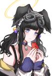 1girl absurdres belt_collar black_hair blue_archive blunt_bangs character_name coat collar commentary_request dog_girl dog_tags droopy_ears eating food fruit goggles goggles_on_head hair_bobbles hair_ornament halo hibiki_(blue_archive) highres holding holding_food holding_fruit long_hair long_sleeves low_twintails mitsumoto_amata open_clothes open_coat parted_bangs sidelocks simple_background sleeveless solo twintails violet_eyes watermelon watermelon_slice wavy_hair white_background white_coat