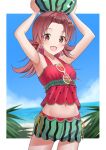  1girl ahoge arms_up beach blue_sky blurry blurry_background breasts collarbone commentary day food food-themed_hair_ornament food_print fruit green_shorts hair_flaps hair_ornament hairclip highres holding holding_food holding_fruit idolmaster idolmaster_shiny_colors komiya_kaho light_blush long_hair looking_at_viewer midriff navel ocean official_alternate_costume open_mouth osoba_susurukun outdoors pinstripe_shorts plant red_eyes red_shirt redhead shirt shorts sky small_breasts smile solo sunglasses tank_top thighs watermelon watermelon_hair_ornament watermelon_print 