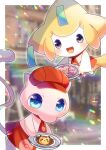  :d apron blue_eyes blurry blurry_background blush cabbie_hat commentary_request commission depth_of_field food hat holding holding_tray jirachi kou_hiyoyo mew_(pokemon) no_humans pikachu plate pokemon pokemon_(creature) red_apron red_headwear skeb_commission smile star_(symbol) tray violet_eyes 