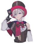  1boy black_gloves bow bowtie card cowboy_shot ebibi_chiriri genshin_impact gloves hat highres lyney_(genshin_impact) male_focus playing_card red_bow red_bowtie simple_background solo teardrop_tattoo top_hat violet_eyes white_background 