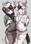  2girls a888_n22 antelope_ears antelope_horns black_hair black_pantyhose black_scarf black_shirt black_skirt black_wildebeest_(kemono_friends) blue_bow blue_wildebeest_(kemono_friends) blush bow breasts brown_eyes brown_hair extra_ears hair_between_eyes hair_bow highres kemono_friends long_hair long_sleeves multicolored_hair multiple_girls pantyhose pleated_skirt scarf shirt short_sleeves skirt thigh-highs two-tone_hair white_hair white_scarf white_shirt white_skirt white_thighhighs zettai_ryouiki 