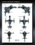  3d assault_ship_(eve_online) commentary concept_art english_text eve_online frigate_(eve_online) from_side gallente_federation_(eve_online) glowing highres military_vehicle multiple_views no_humans original reference_sheet science_fiction spacecraft tech_2_ship_(eve_online) thrusters toneloperu vehicle_focus 