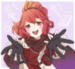  1girl :d anna_(fire_emblem) black_gloves book cape dress fire_emblem fire_emblem_engage gloves jewelry long_sleeves looking_at_viewer mojakkoro outstretched_hand ponytail purple_background red_dress red_eyes redhead ring smile solo staff sword teeth two-tone_dress upper_body upper_teeth_only weapon white_dress 