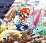  1boy blue_eyes blue_overalls brown_footwear f.l.u.d.d. facial_hair gloves gooble_(mario) graffiti hat hoshi_(star-name2000) mario mustache one_eye_closed overalls red_headwear red_shirt shirt short_sleeves spraying super_mario_bros. super_mario_sunshine water 