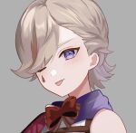  1boy androgynous blonde_hair blush braid brown_background brown_hair cape genshin_impact looking_at_viewer lyney_(genshin_impact) male_focus multicolored_hair one_eye_closed purple_cape rrr_gns_(riuriu_1212) shirt short_hair smile solo teardrop_facial_mark tongue tongue_out white_shirt 