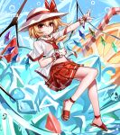  1girl absurdres blonde_hair blue_background bubble closed_mouth commentary_request crystal drinking_straw flandre_scarlet food fruit full_body hat hat_ribbon highres index_finger_raised looking_at_viewer one_side_up red_eyes red_ribbon red_skirt ribbon sandals short_sleeves signature skirt solo top-exerou touhou white_headwear wings wrist_cuffs 