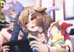  2girls animal_ears bespectacled brown_hair cat_ears cat_tail collar dog_ears dog_tail glasses hololive imo_bouya inugami_korone multiple_girls nekomata_okayu nintendo nintendo_switch open_mouth purple_hair tail violet_eyes yellow_eyes 