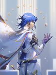  1boy alear_(fire_emblem) alear_(male)_(fire_emblem) black_gloves blue_eyes blue_hair cape closed_mouth fire_emblem fire_emblem_engage gloves hahahashagi highres jewelry light_smile long_sleeves looking_to_the_side ring shirt short_hair solo white_cape 