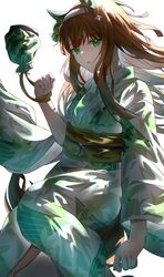  1girl absurdres animal_ears blunt_bangs ear_covers floral_print green_eyes hairband highres hime_cut horse_ears horse_girl horse_tail japanese_clothes kimono leaf_print long_hair looking_at_viewer orange_hair silence_suzuka_(umamusume) solo tail umamusume white_hairband wide_sleeves yukata yukinea3 