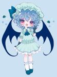  1girl :3 absurdres aqua_background ascot bandaid bandaid_on_knee bandaid_on_leg bat_wings blue_ascot blue_bow blue_brooch blue_footwear blue_gloves blush bow brooch chibi collared_shirt commentary_request curly_hair elbow_gloves fang flower frilled_shirt frilled_shirt_collar frilled_skirt frilled_socks frills gloves green_headwear green_shirt green_skirt hand_up hat hat_bow highres jewelry looking_at_viewer mob_cap open_mouth pleated_skirt puffy_short_sleeves puffy_sleeves purple_hair red_eyes remilia_scarlet renakobonb shirt shoes short_hair short_sleeves simple_background skirt socks solo tongue touhou white_socks wings 