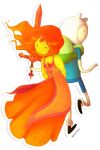 1boy 1girl 2012 adventure_time blue_shirt finn_the_human flame_princess hat orange_skin red_hair sword