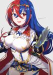  1girl alear_(awoken_divinity)_(fire_emblem) alear_(female)_(fire_emblem) alear_(fire_emblem) aura blue_eyes blue_hair braid breasts crossed_bangs feather_hair_ornament feathers fire_emblem fire_emblem_engage fire_emblem_heroes glowing glowing_hand glowing_hands hair_ornament heterochromia highres long_hair looking_at_viewer multicolored_hair official_alternate_costume peach11_01 red_eyes redhead smile solo split-color_hair tiara two-tone_hair very_long_hair white_feathers 