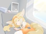  1girl animal_ear_fluff animal_ears arknights blonde_hair blue_ribbon closed_mouth commentary_request dress feigning_sleep fie_in_b86 fox_ears fox_girl fox_tail hairband kitsune kyuubi long_hair lying mirror multicolored_hair multiple_tails neck_ribbon official_alternate_costume on_side orange_dress orange_hairband parted_lips pinafore_dress prehensile_tail puffy_short_sleeves puffy_sleeves reflection ribbon selfie shirt short_sleeves sleeveless sleeveless_dress solo suzuran_(arknights) suzuran_(let&#039;s_carnival!)_(arknights) tail thigh-highs two-tone_hair white_hair white_shirt white_thighhighs 