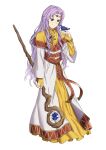  1girl bird bird_on_hand blue_eyes circlet dress ebinku fire_emblem fire_emblem:_thracia_776 highres holding holding_staff long_hair purple_hair sara_(fire_emblem) smile staff two-tone_dress white_dress yellow_dress 