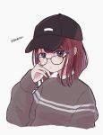 1girl arima_kana black_headwear blush bob_cut brown_sweater closed_mouth glasses hat highres inverted_bob looking_at_viewer minacoco3755 oshi_no_ko red_eyes redhead short_hair simple_background sweater upper_body white_background 