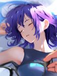  1girl a-chan_(hololive) absurdres black-framed_eyewear black_shirt closed_eyes cohi27151463 eyewear_removed glasses highres hololive logo messy_hair parted_lips purple_hair shirt short_hair sleeping sleeveless sleeveless_shirt solo upper_body 