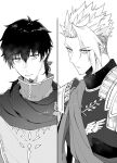  2boys achilles_(fate) bags_under_eyes cape closed_mouth cross_(314v170) facial_hair fate/grand_order fate_(series) frown goatee greyscale hair_between_eyes hector_(fate) highres male_focus monochrome multiple_boys sash serious short_hair short_ponytail spiky_hair split_screen undercut 