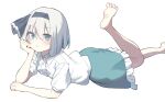  1girl barefoot black_hairband black_ribbon blush buttons closed_mouth collared_shirt feet foot_out_of_frame frilled_skirt frills garasuno green_eyes green_skirt grey_hair hair_ribbon hairband highres konpaku_youmu legs looking_at_viewer lying on_stomach ribbon shirt short_hair short_sleeves simple_background skirt soles solo toes touhou white_background white_shirt 