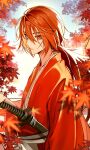  1boy autumn blurry blurry_background blurry_foreground closed_mouth collarbone commentary_request cross_scar hair_between_eyes hand_on_hilt highres himura_kenshin japanese_clothes katana kimono leaf long_hair long_sleeves low_ponytail male_focus maple_leaf maple_tree ogura_aoi outdoors partial_commentary red_eyes red_kimono redhead rurouni_kenshin samurai scar scar_on_cheek scar_on_face sheath sheathed solo sword tree upper_body weapon wide_sleeves 