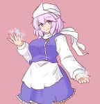  1girl apron breasts bright_pupils closed_mouth commentary_request lapel_pin large_breasts letty_whiterock light_purple_hair long_sleeves looking_at_viewer mizusoba scarf short_hair simple_background smile snowflakes solo touhou violet_eyes waist_apron white_apron white_headwear white_pupils white_scarf 