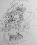  1girl bow breasts closed_mouth commentary frilled_shawl frills greyscale hat hat_bow highres index_finger_raised kanaria_(bocmn) large_breasts monochrome nagae_iku one-hour_drawing_challenge shawl shirt short_hair short_sleeves simple_background sketch skirt solo touhou traditional_media 