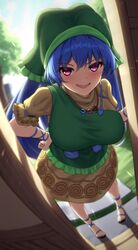  1girl blue_hair breasts brown_shirt brown_skirt feet green_headwear green_jacket grin hand_on_own_hip haniyasushin_keiki highres jacket long_hair looking_at_viewer pov pov_doorway shirt skirt smile solo touhou violet_eyes yosshy 