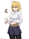  1girl absurdres ahoge arcueid_brunestud black_thighhighs blonde_hair breasts eyebrows_hidden_by_hair hair_between_eyes highres jewelry necklace open_mouth pantyhose red_eyes shirt short_hair simple_background skirt smile solo standing stomach takatisakana tape thigh-highs tsukihime white_background white_shirt 