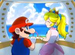  1boy 1girl blonde_hair blue_eyes blue_overalls closed_eyes crown dress earrings facial_hair gloves hat hoshi_(star-name2000) jewelry mario mustache overalls pink_dress ponytail princess_peach red_headwear red_shirt shirt short_sleeves sky sleeveless sleeveless_dress super_mario_bros. super_mario_sunshine 