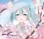  1girl absurdres blue_eyes blue_hair blush branch cherry_blossoms collared_shirt day hatsune_miku highres long_hair necktie open_mouth outdoors shirt sky sleeveless sleeveless_shirt smile solo straight-on twintails upper_body vocaloid yomiya_yumeha 