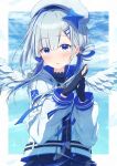  1girl absurdres amane_kanata amane_kanata_(3rd_costume) angel_wings asymmetrical_bangs belt beret black_dress black_gloves blue_belt blue_eyes blue_hair blue_sky blue_theme blush colored_inner_hair commentary_request dress feathered_wings gloves grey_hair hair_ornament hairclip hat high_collar highres hololive jacket long_hair long_sleeves looking_at_viewer low_twintails mini_wings multicolored_hair official_alternate_costume official_alternate_hair_length official_alternate_hairstyle own_hands_clasped own_hands_together parted_lips partially_fingerless_gloves rino_kou sky solo twintails two_side_up violet_eyes virtual_youtuber white_headwear white_jacket white_wings wings 