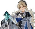  1girl abinosu0903 armor blue_cape breasts cape corrin_(female)_(fire_emblem) corrin_(fire_emblem) dragonstone fire_emblem fire_emblem_fates gloves hair_between_eyes hair_ornament hairband juliet_sleeves long_hair long_sleeves looking_at_viewer pointy_ears puffy_sleeves red_eyes simple_background sitting smile solo white_hair 