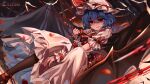  1girl absurdres ascot bat_wings blue_hair commentary_request fingernails hat hat_ribbon highres long_fingernails looking_at_viewer mob_cap parted_lips red_ascot red_eyes red_nails red_ribbon remilia_scarlet ribbon shirt short_hair short_sleeves signature solo top-exerou touhou white_headwear white_shirt wings 